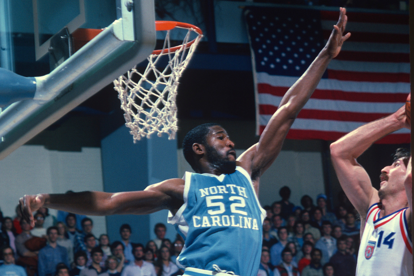 James Worthy #52 of the University of North Carolina during an NCAA basketball game circa 1981.
