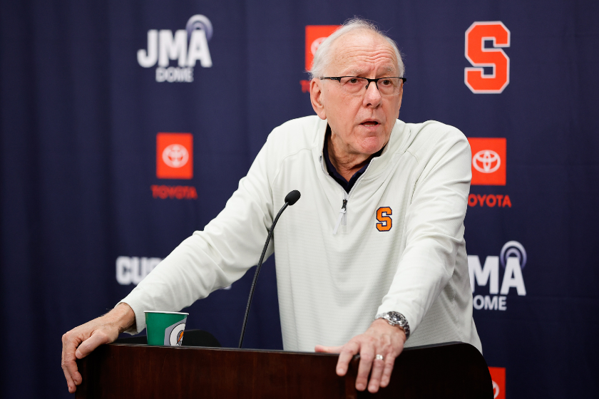 Head coach Jim Boeheim of the Syracuse Orange addresses the media after the Syracuse Orange defeat the Northeastern Huskies