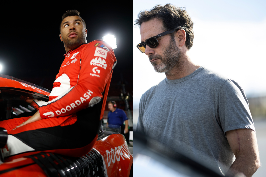 Jimmie Johnson looks on in the garage area during the NASCAR Project 56 Test at Daytona International Speedway on January 31, 2023 ; Bubba Wallace exits in his car during qualifying for the NASCAR Clash at the Coliseum
