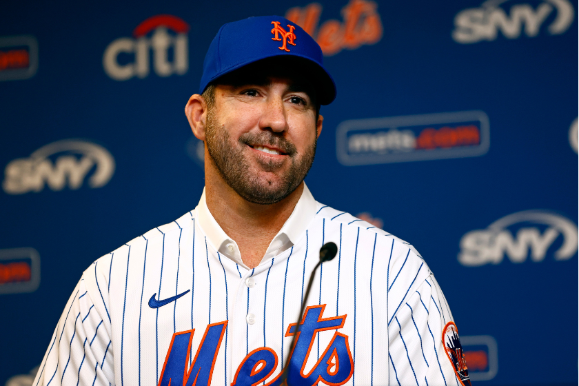 Pitcher Justin Verlander of the New York Mets talks to reporters during his introductory press conference at Citi Field