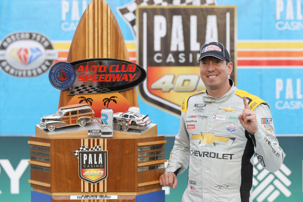 Kyle Busch celebrates in victory lane after winning 2023 Pala Casino 400 at Auto Club Speedway on February 26 in Fontana, California