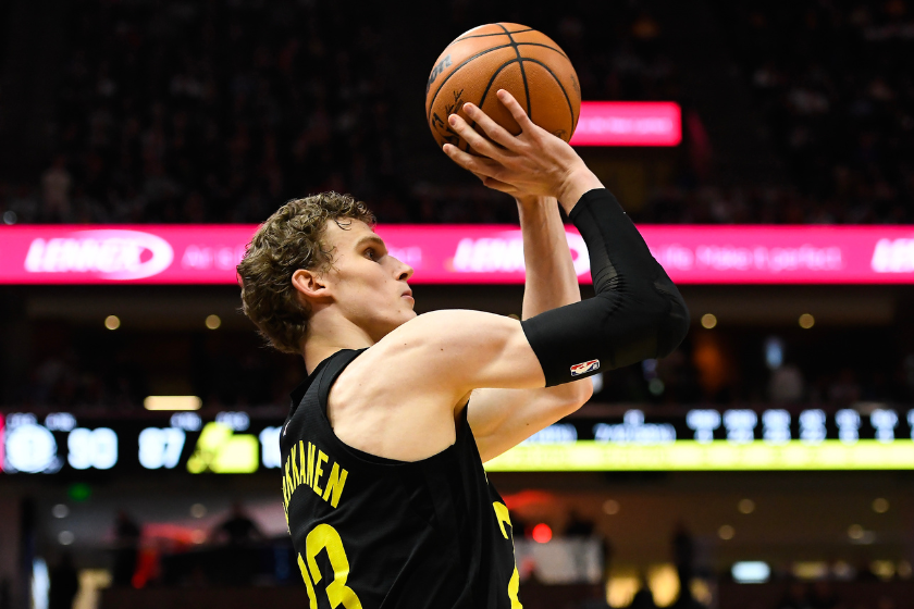 Lauri Markkanen #23 of the Utah Jazz in action during the second half of a game against the Brooklyn Nets at Vivint Arena 