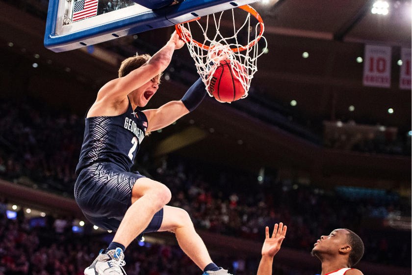 Georgetown Hoyas Guard Mac McClung (2) dunks the ball with St. John's Red Storm Guard Mustapha Heron (14) defending during the second half of the Georgetown Hoyas versus the St. John's Red Storm