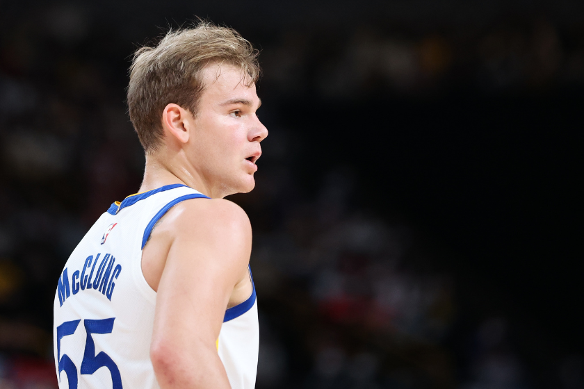 Mac McClung #55 of the Golden State Warriors looks on during the NBA Japan Games between the Washington Wizards and the Golden State Warriors at Saitama Super Arena 