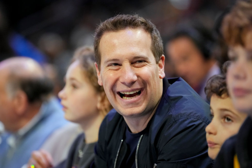 Incoming Phoenix Suns owner Mat Ishbia laughs during the game between the Detroit Pistons and Phoenix Suns at Little Caesars Arena