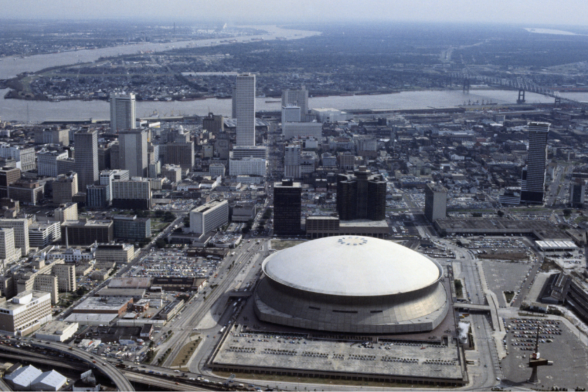 Aerial view of the Louisiana Superdome, site of Super Bowl XII, shows a meandering Mississippi River and the city of New Orleans. Dallas meets Denver for the NFL championship