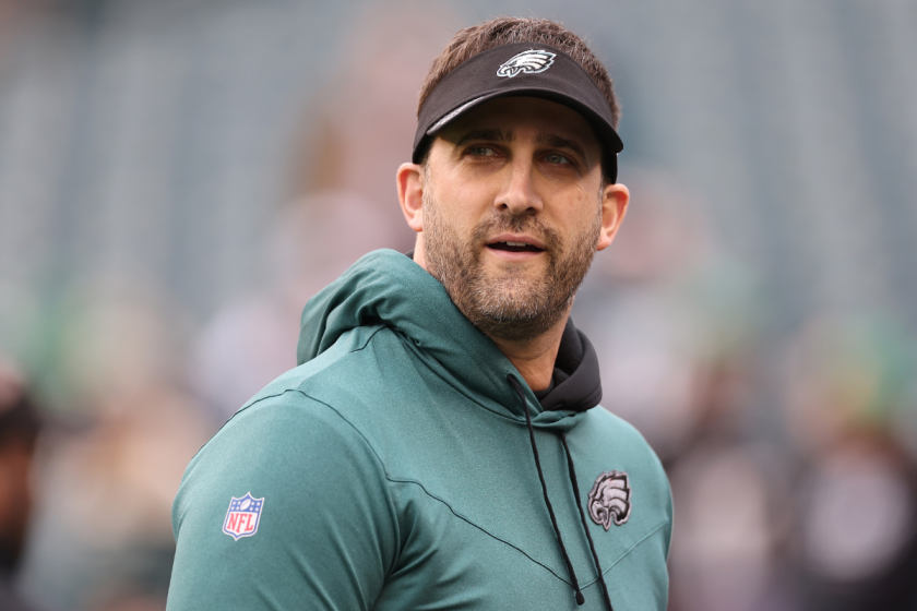 Head coach Nick Sirianni of the Philadelphia Eagles looks on prior to the NFC Championship Game against the San Francisco 49ers at Lincoln Financial Field