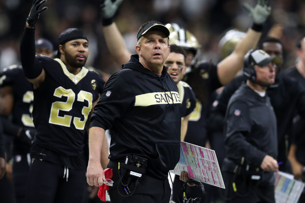 Head coach Sean Payton of the New Orleans Saints reacts after a no-call between Tommylee Lewis #11 of the New Orleans Saints and Nickell Robey-Coleman #23 of the Los Angeles Rams