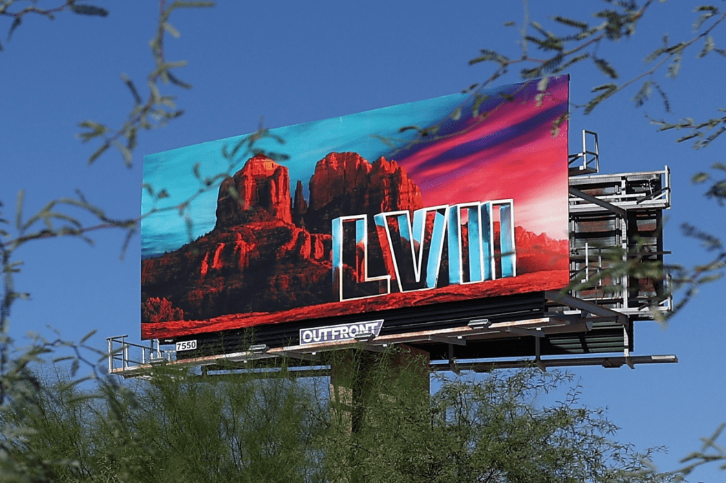 A freeway billboard advertising Super Bowl LXII in Glendale, Arizona,