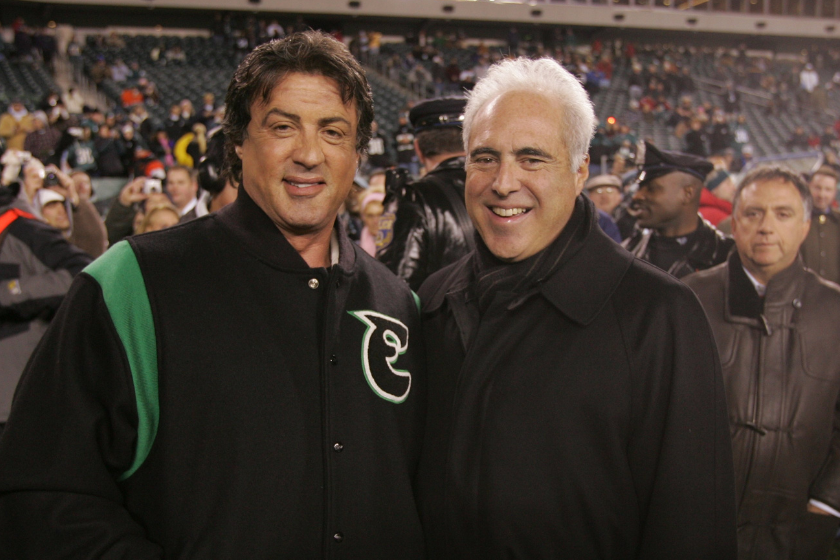 Owner Jeffrey Lurie (L) of the Philadelphia Eagles and Sylvester Stallone (R) pose for a photo before the game against the Carolina Panthers 