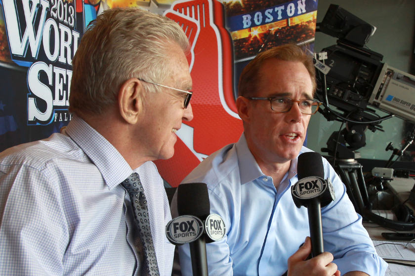 Broadcaster Tim McCarver, left, and Joe Buck in the broadcast booth before the game. The St. Louis Cardinals host the Boston Red Sox at Busch Stadium for Game Five of the 2013 Major League Baseball World Series.