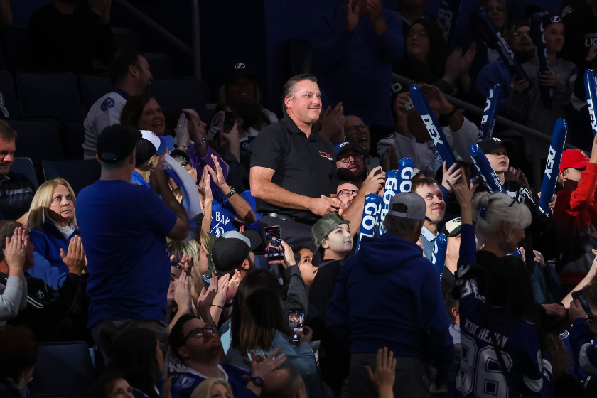 Tony Stewart makes an appearance at the game between the Tampa Bay Lightning against the Anaheim Ducks during the second period at Amalie Arena on February 21, 2023 in Tampa, Florida