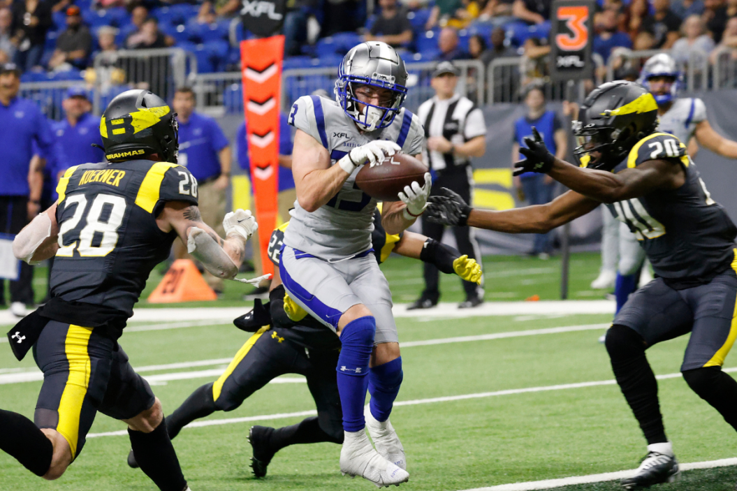 Marcell Aleman #3 of the St. Louis Battlehawks scores on a touchdown reception in the fourth quarter against the San Antonio Brahamas at the Alamodome