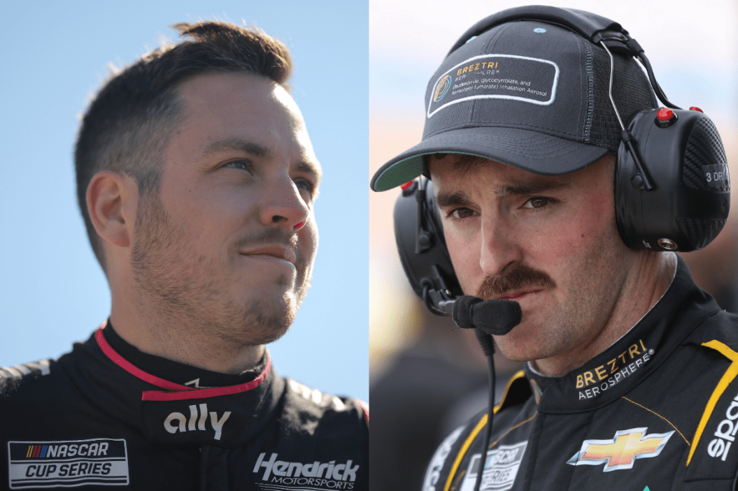 Alex Bowman looks on during qualifying for the 2023 Ambetter Health 400 at Atlanta Motor Speedway ; Austin Dillon looks on during practice for the 2023 Pennzoil 400 at Las Vegas Motor Speedway