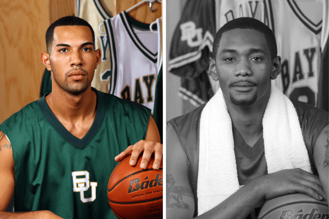 Patrick Dennehy (left) poses for a photo as a member of the Baylor basketball team. Sadly, the player to his right, Calrton Dotson, would be charged with his murder before he could graduate.