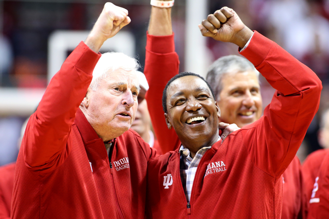 Former Indiana Hoosiers head coach Bob Knight and former Indiana Hoosiers player Isaiah Thomas on the court at half time during the game against the Purdue Boilermakers at Assembly Hall