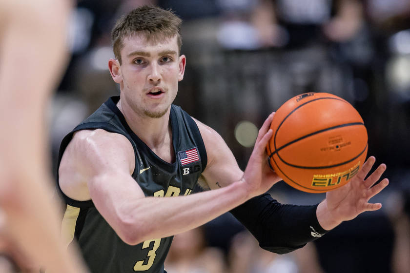 Braden Smith #3 of the Purdue Boilermakers passes the ball during the game against the Nebraska Cornhuskers at Mackey Arena