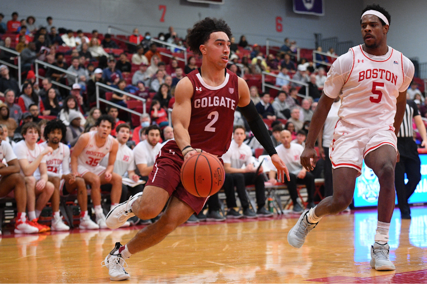 Colgate Raiders guard Braeden Smith (2) drives to the basket during a college basketball game between the Colgate Raiders and the Boston University Terriers 