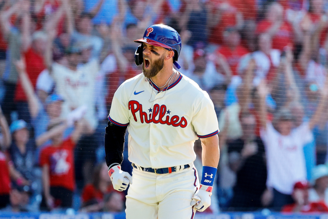 Bryce Harper celebrates after hitting a grand slam during the eighth inning against the Los Angeles Angels at Citizens Bank Park on June 05, 2022 in Philadelphia