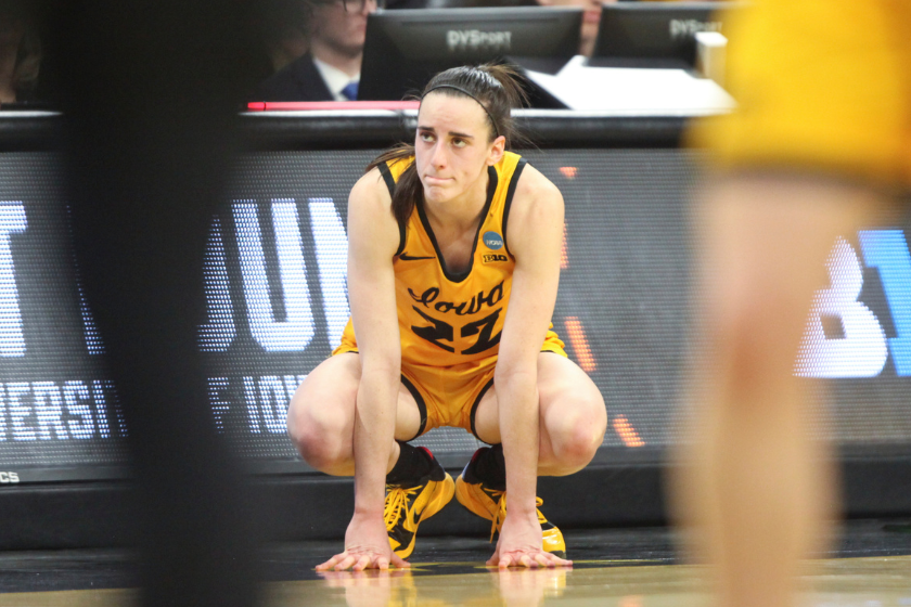 Guard Caitlin Clark #22 of the Iowa Hawkeyes waits to re-enter the game against the Southeastern Louisiana Lady Lions in the first half during the first round of the NCAA Women's Basketball Tournament