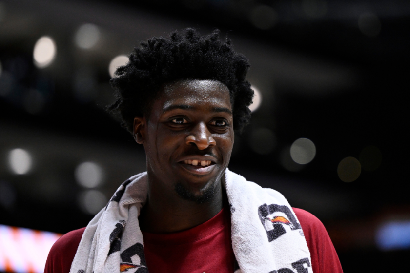 Charles Bediako #14 of the Alabama Crimson Tide stands on the court during warms up before their game against the Tennessee Volunteers at Thompson-Boling Arena