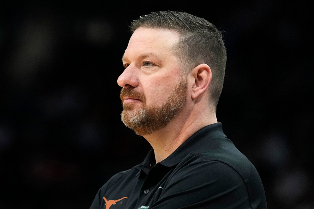 Head coach Chris Beard of the Texas Longhorns looks on from the sidelines in the first half of the game against the Virginia Tech Hokies during the first round of the 2022 NCAA Men's Basketball Tournament