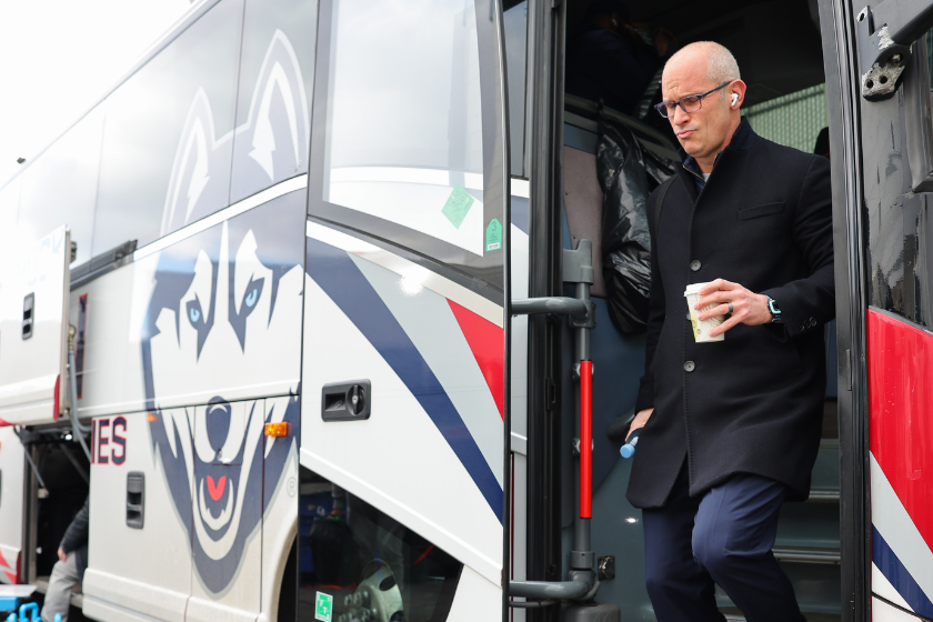 Head coach Dan Hurley of the Connecticut Huskies walks off the bus to arrive during the second round of the 2023 NCAA Men's Basketball Tournament held at MVP Arena