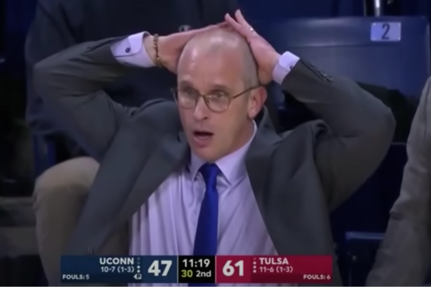 UConn Coach Dan Hurley looks on with a shocked expression a
