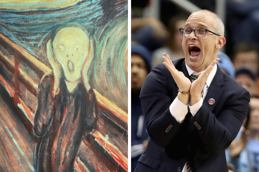 UConn head coach Dan Hurley does his best impression of Edvard Munch's "The Scream"