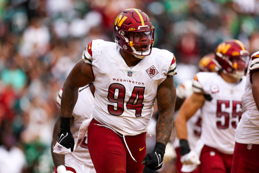 Defensive tackle Daron Payne #94 of the Washington Commanders reacts after recording a safety during the fourth quarter against the Washington Commanders at FedExField 