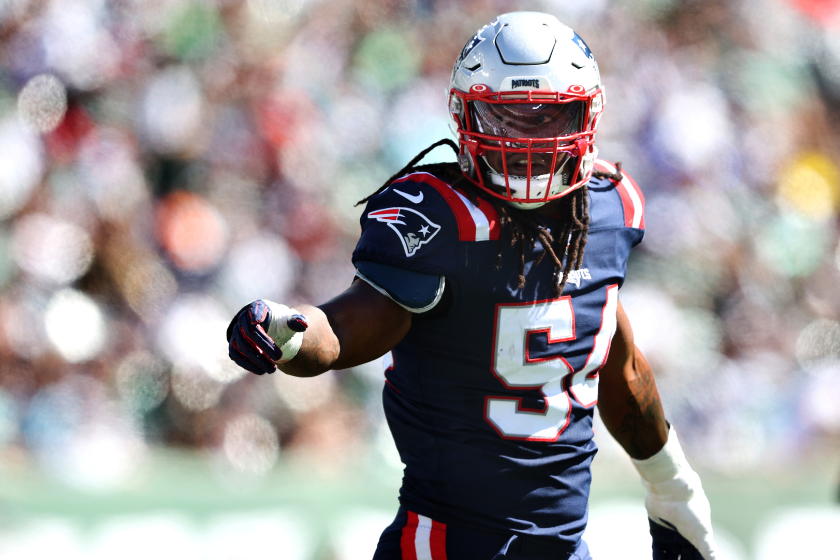 Linebacker Dont'a Hightower #54 of the New England Patriots reacts after making a defensive play in the second quarter of the game against the New York Jets at MetLife Stadium