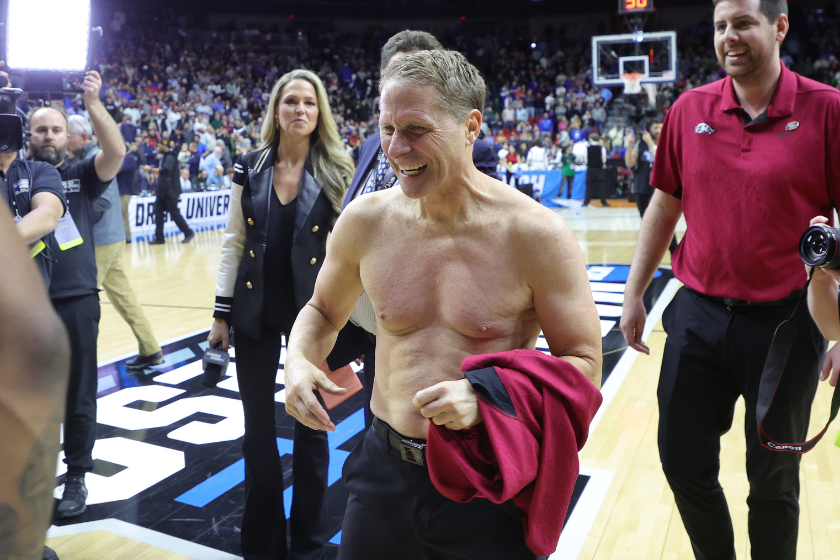  Head coach Eric Musselman of the Arkansas Razorbacks celebrates after defeating the Kansas Jayhawks in the second round of the NCAA Men's Basketball Tournament at Wells Fargo Arena