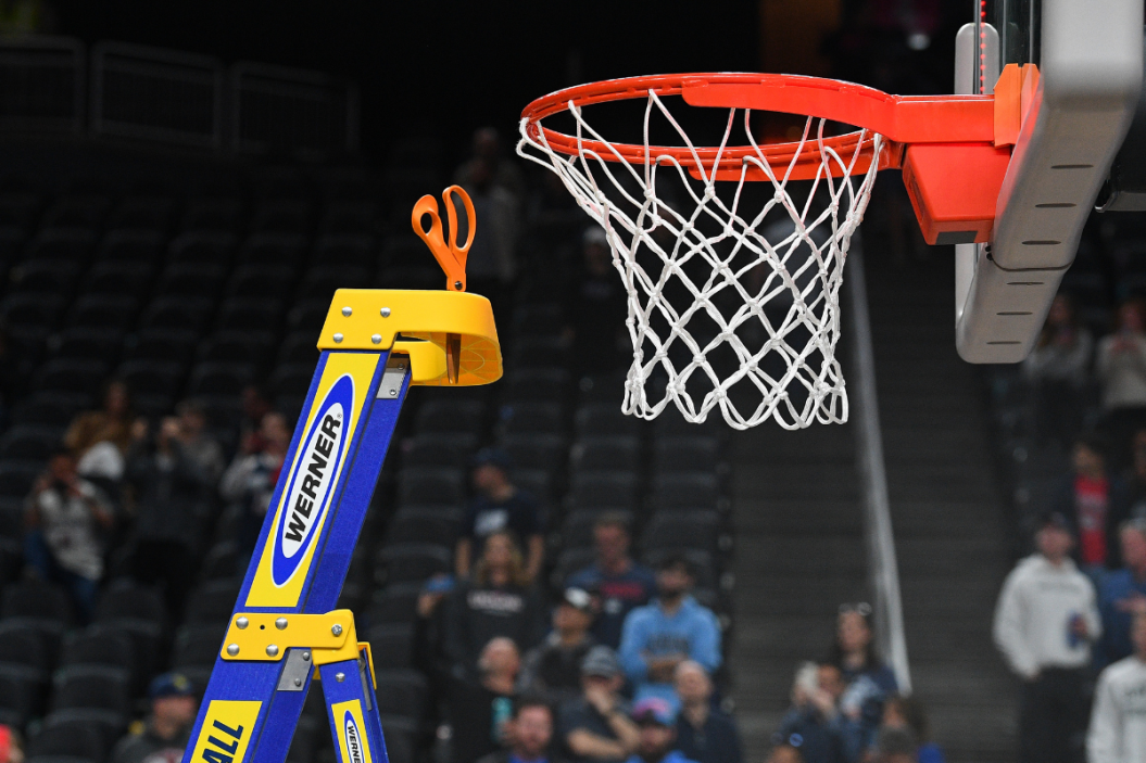 The ladder and a pair of scissors to cut down the nets after the NCAA Division I Men's Championship Elite Eight round basketball game between the Gonzaga Bulldogs and the UConn Huskies