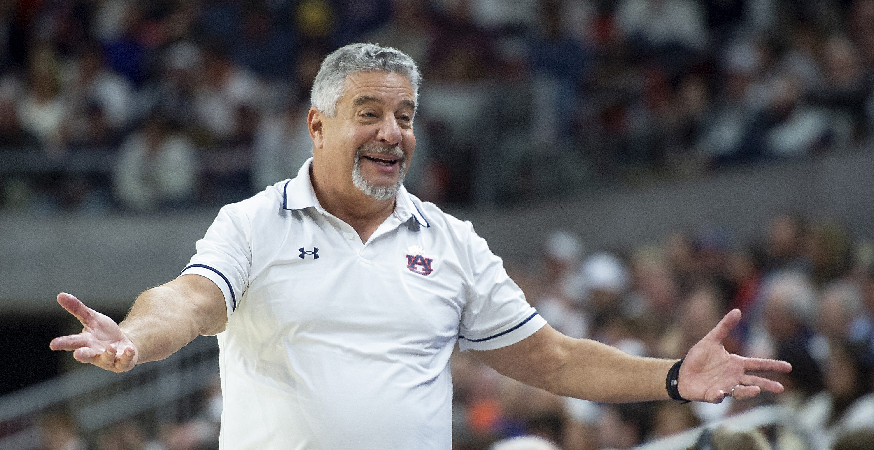 AUBURN, ALABAMA - JANUARY 13: Head coach Bruce Pearl of the Auburn Tigers reacts during the game against the LSU Tigers at Neville Arena on January 13, 2024 in Auburn, Alabama.