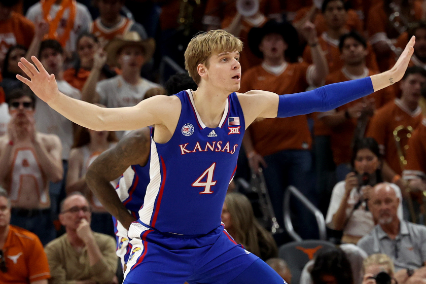 Gradey Dick #4 of the Kansas Jayhawks plays defense against the Texas Longhorns in the first half at Moody Center