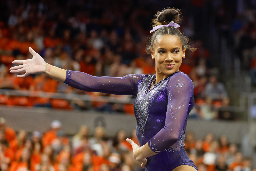 Haleigh Bryant of LSU competes on the floor during a gymnastics meet against Auburn at Neville Arena