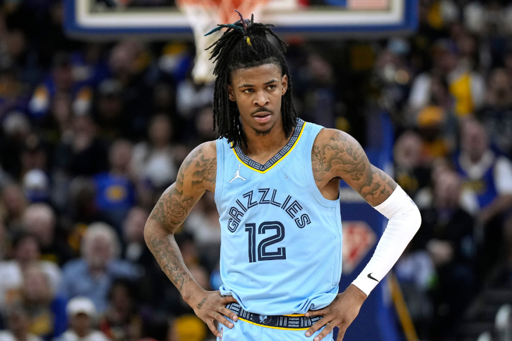 Ja Morant #12 of the Memphis Grizzlies looks on against the Golden State Warriors in the second half of Game Three of the Western Conference Semifinals of the NBA Playoffs at Chase Center