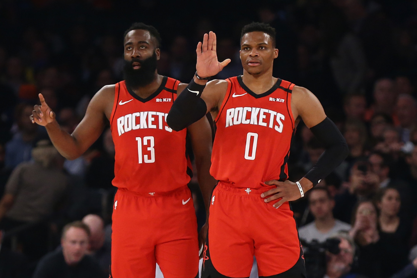 James Harden #13 and Russell Westbrook #0 of the Houston Rockets in action against the New York Knicks at Madison Square Garden 