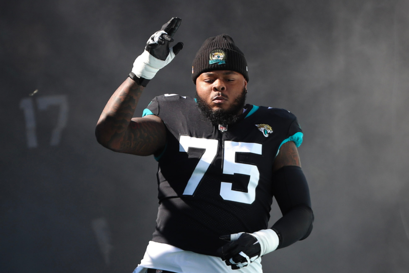 Jawaan Taylor #75 of the Jacksonville Jaguars takes the field before the game against the Dallas Cowboys at TIAA Bank Field 