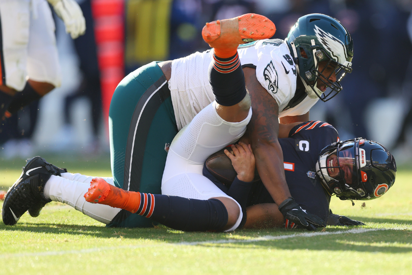 Javon Hargrave #97 of the Philadelphia Eagles sacks Justin Fields #1 of the Chicago Bears during the third quarter at Soldier Field 