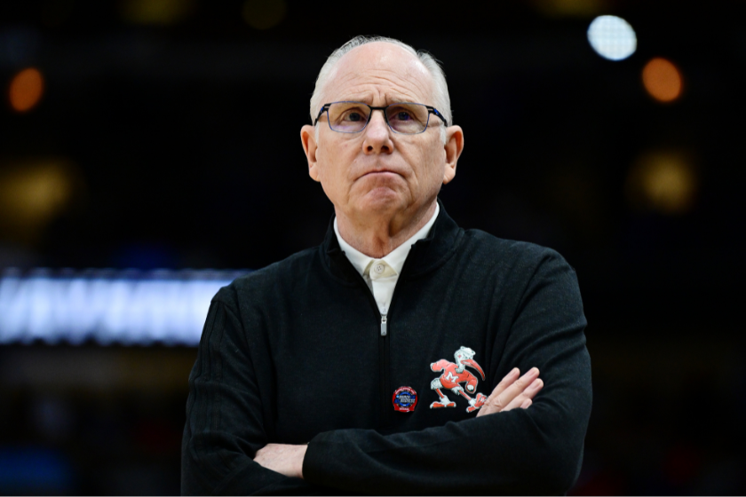 Head coach Jim Larranaga of the Miami Hurricanes looks on during the first half in the Elite Eight round game of the 2022 NCAA Men's Basketball Tournament against the Kansas Jayhawks
