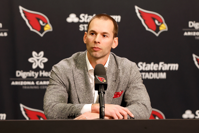 New Arizona Cardinals head coach Jonathan Gannon answers questions from the media during a press conference at Dignity Health Arizona Cardinals Training Center 