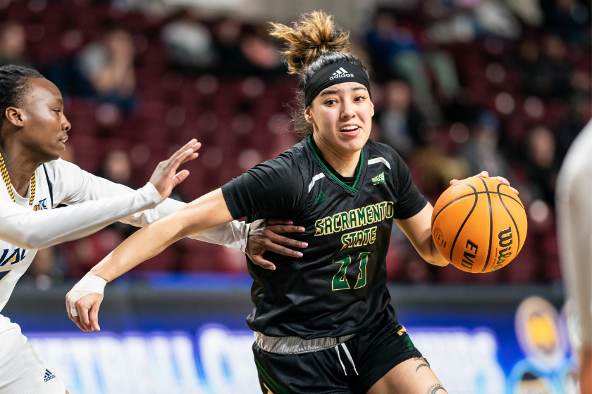 Sacramento State Hornets guard Jordan Olivares (23) drives to the paint during the Womens Big Sky Championship game between the Sacramento State Hornets and the Northern Arizona Lumberjacks