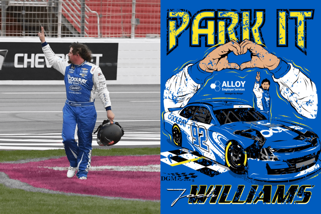 Josh Williams waves to the crowd after leaving his car on the front stretch during the 2023 RAPTOR King of Tough 250 at Atlanta Motor Speedway ; Josh Williams Park It t-shirt