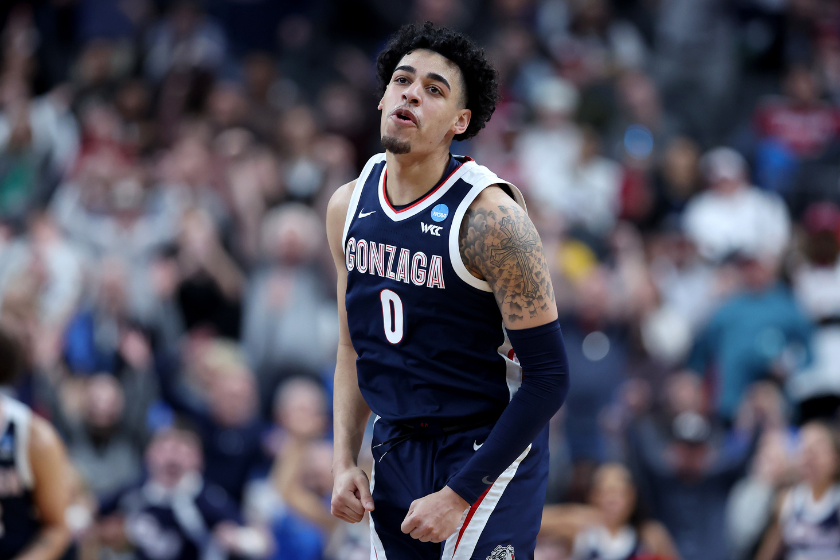 Julian Strawther #0 of the Gonzaga Bulldogs reacts after scoring a three-point basket against the UCLA Bruins during the second half in the Sweet 16 round of the NCAA Men's Basketball Tournament 