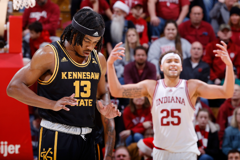 Kennesaw State Owls guard Kasen Jennings (13) reacts after fouling out as Indiana Hoosiers forward Race Thompson (25) celebrates during a college basketball game