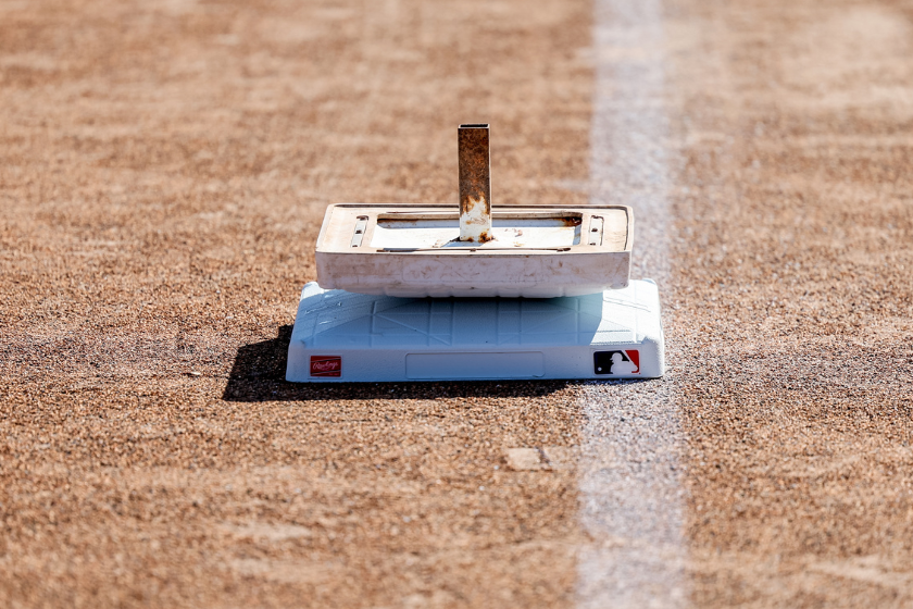 A detail shot of the new larger bases with an older base during the On-Field Rules Demonstration at TD Ballpark