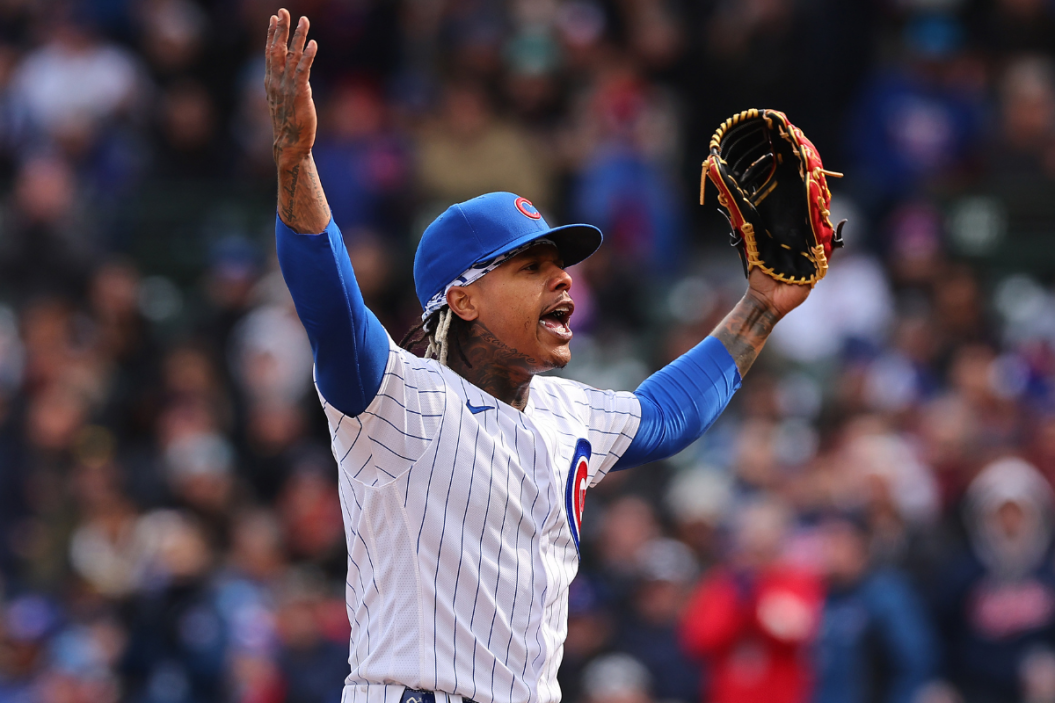 Marcus Stroman #0 of the Chicago Cubs celebrates after retiring the side in the sixth inning against the Milwaukee Brewers at Wrigley Field