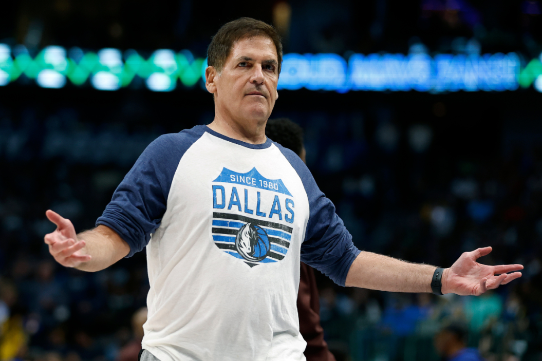 Dallas Mavericks owner Mark Cuban reacts during a timeout in the game against the Golden State Warriors at American Airlines Center