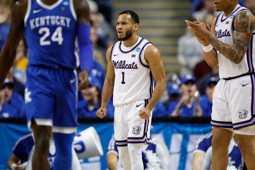 Markquis Nowell #1 of the Kansas State Wildcats reacts during the second half against the Kentucky Wildcats in the second round of the NCAA Men's Basketball Tournament